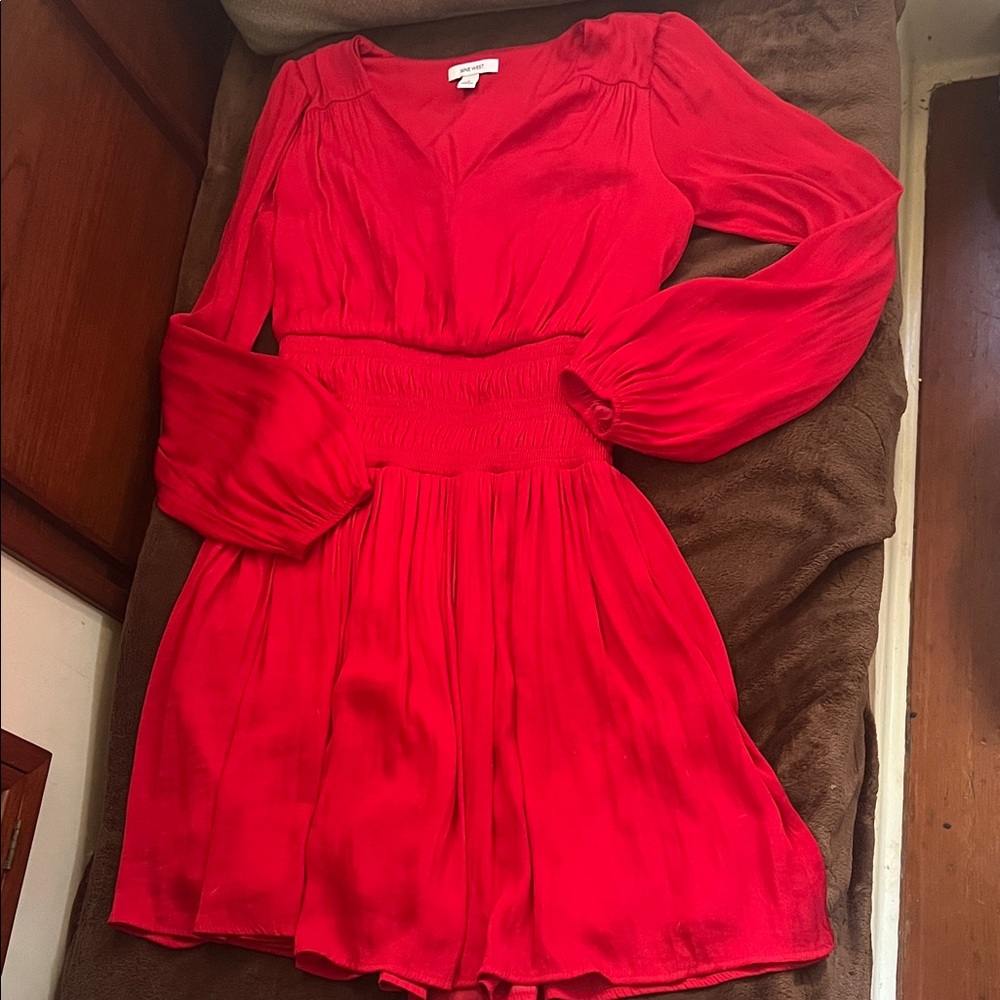 Nine West Red Long-Sleeve V-Neck Smocked-Waist Dress